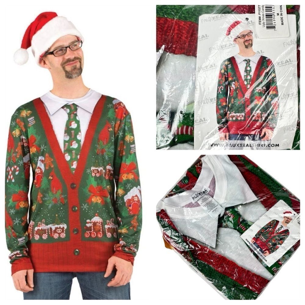 NWT Ugly Christmas Adult Cardigan Tie T-Shirt Mens Medium Holiday Faux Real